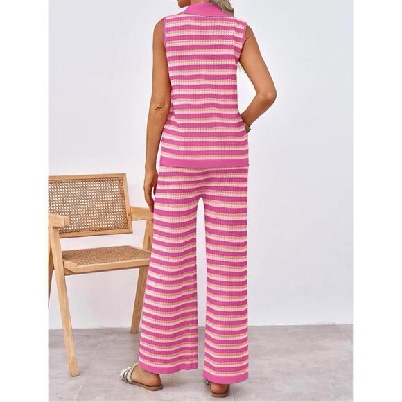 Wonens Striped Perforated Top And Lounge Pants, Cruisewear Sz XL Pink/ White New - Picture 2 of 10